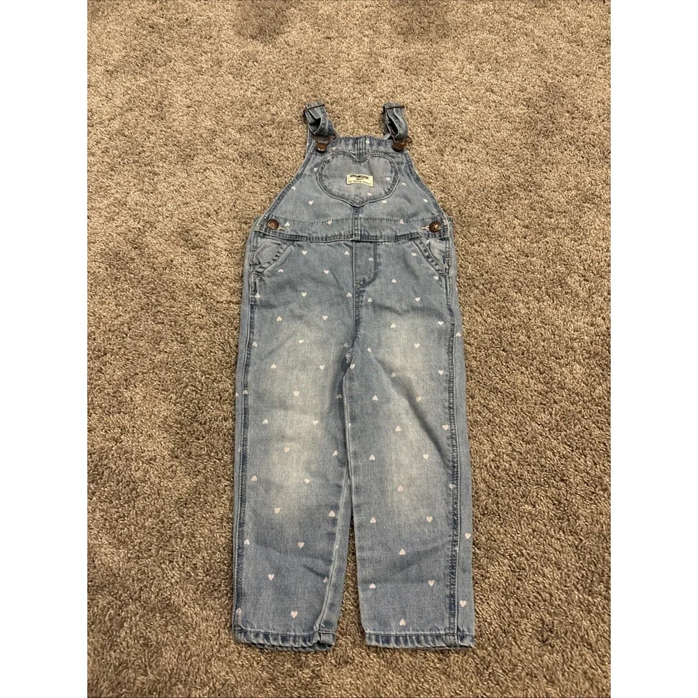 OshKosh B'gosh Overalls Girls 3T Toddler Blue Denim Pink Heart Print Bibs Cotton